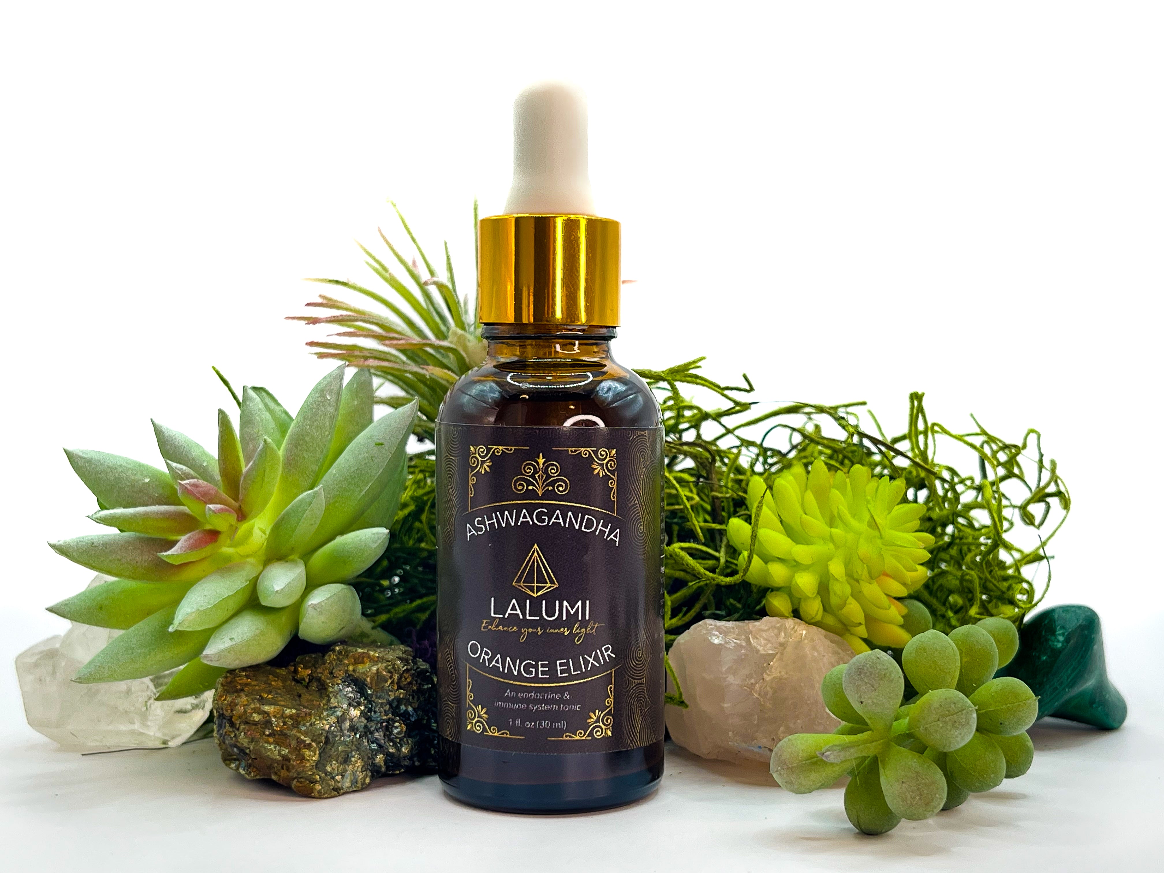 Image of 1 oz bottle of Organic Ashwagandha Orange Elixir by LaLumi Herbes with decorative plants and stones on a white background