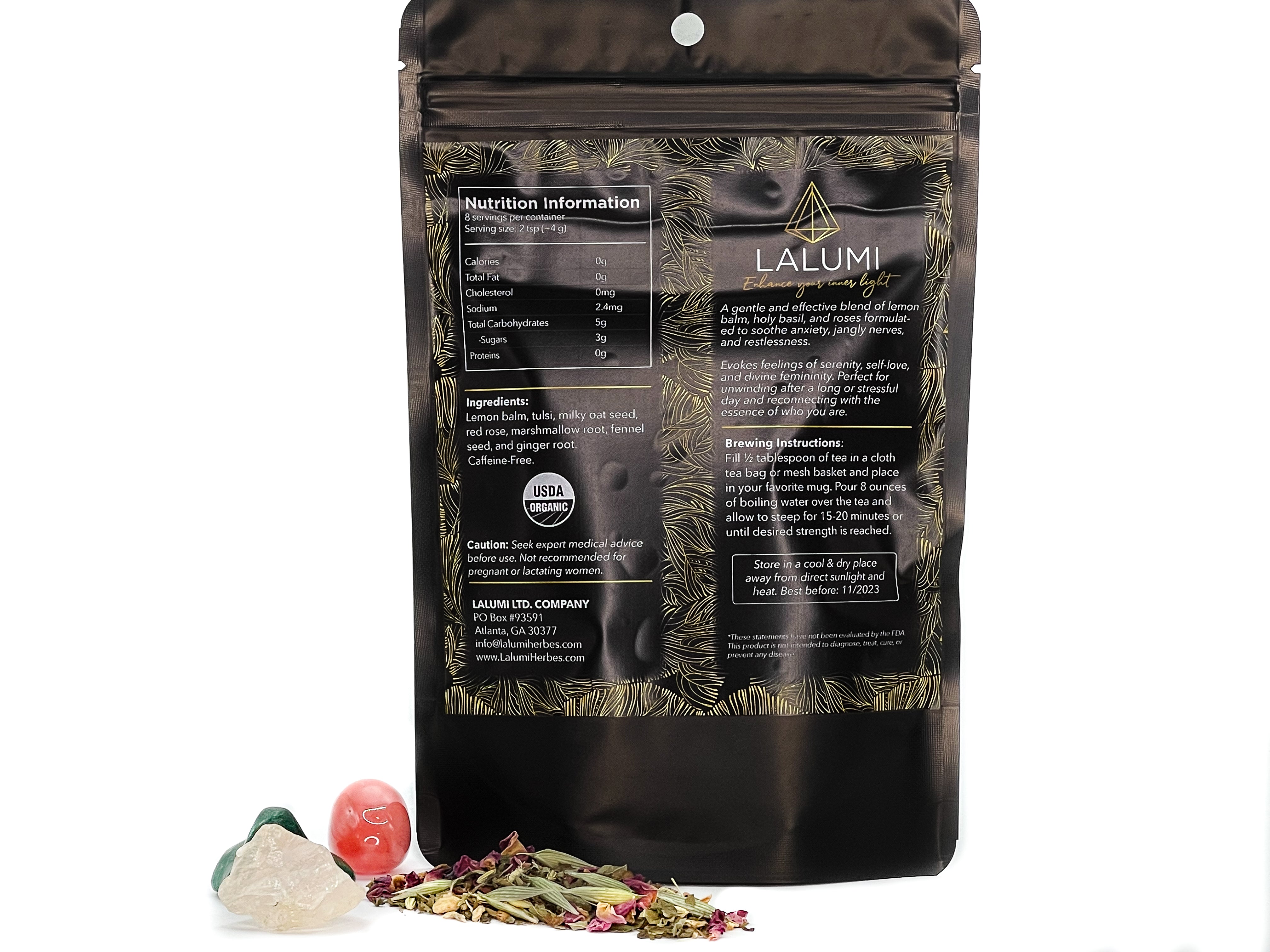 Image of Pouch of Bad B*tch Herbal Tea by LaLumi Herbes packaging with nutritional information on a white background
