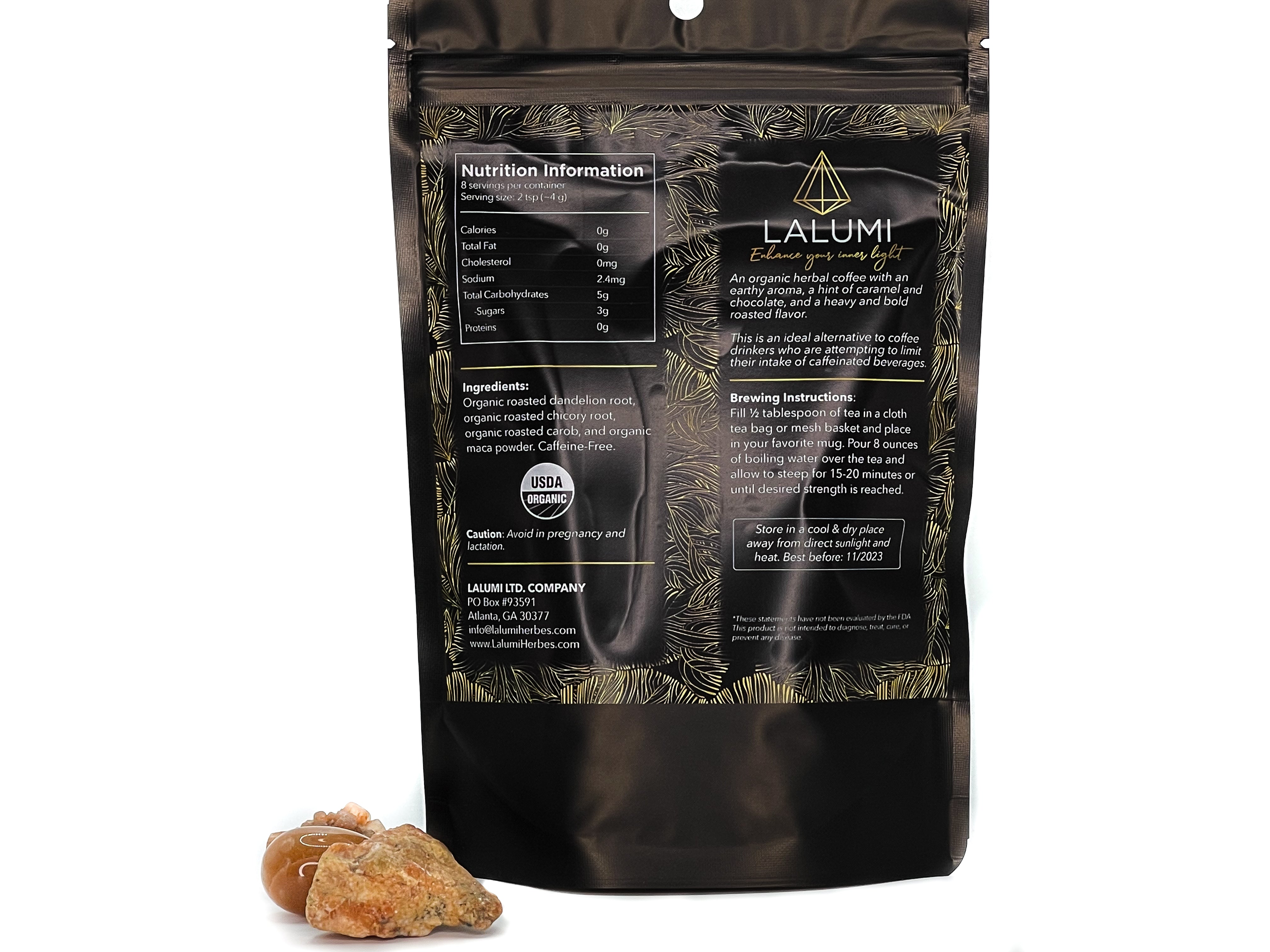 Image of Pouch of Organic Caffeine-Free Herbal Coffee Blend by LaLumi Herbes with nutritional information and branding on a white background