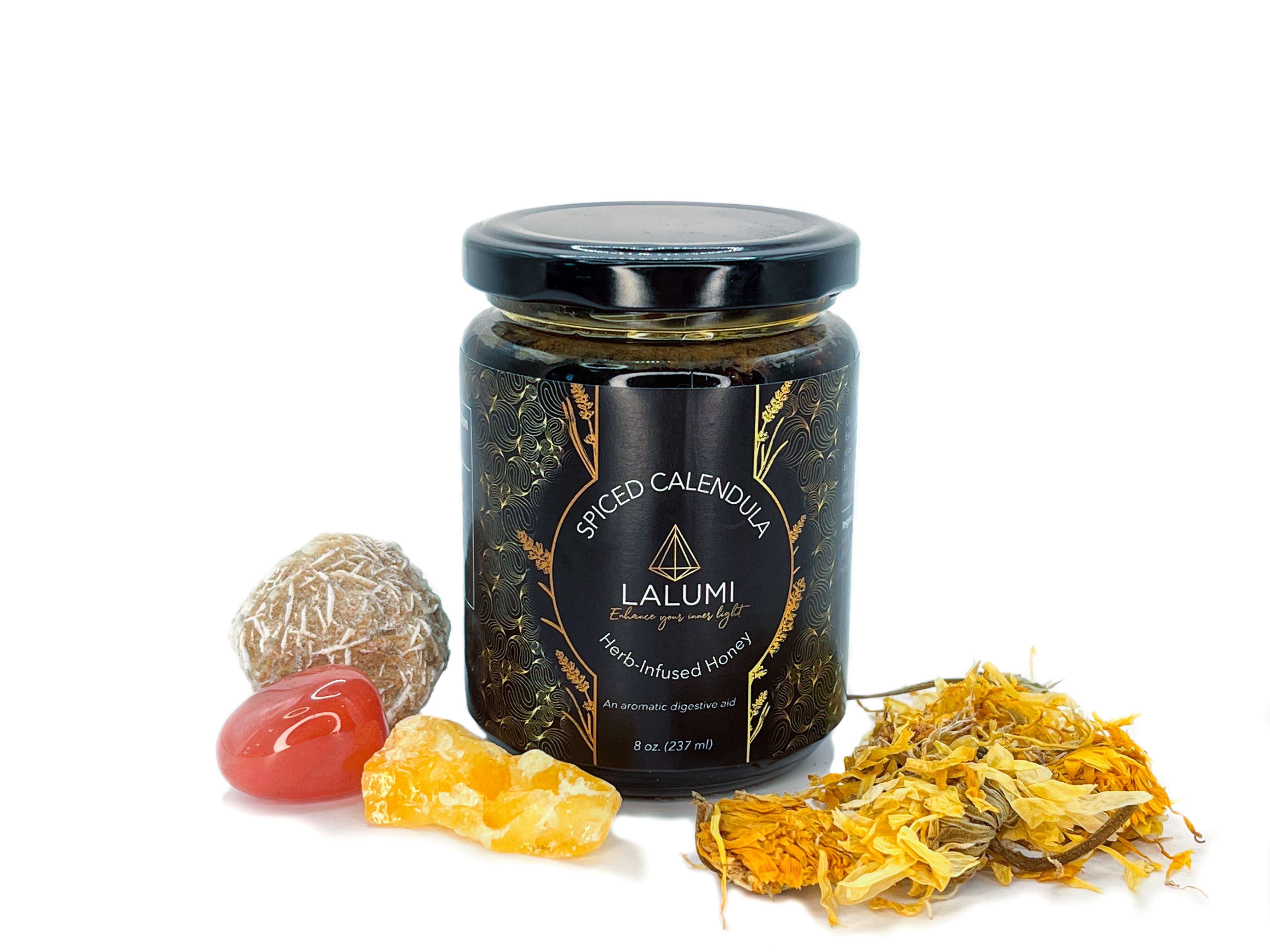 Image of 8 oz jar of Organic Calendula Spiced Honey limited edition by LaLumi Herbes