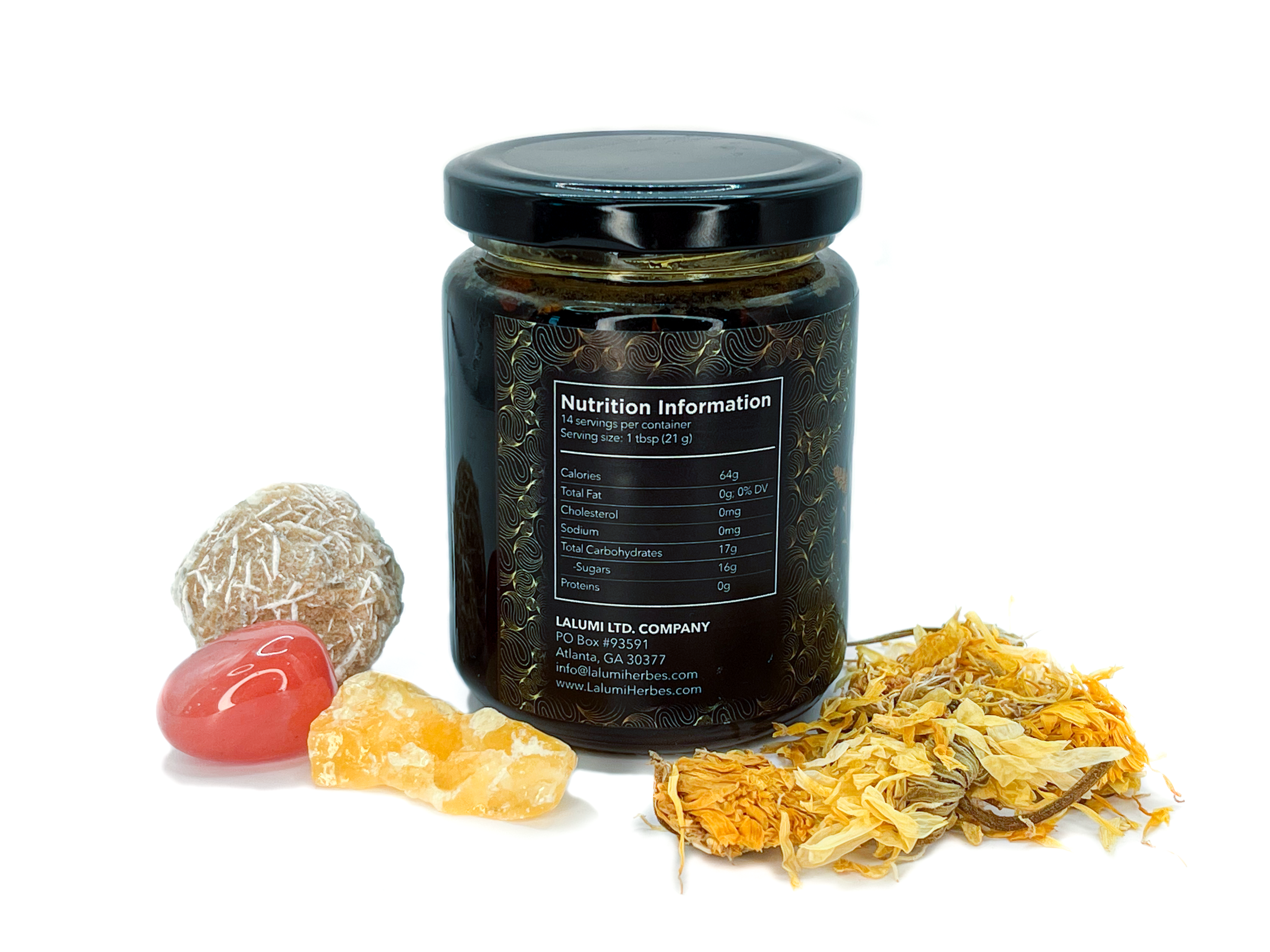 Image of Nutrition panel view of 8 oz jar of Organic Calendula Spiced Honey limited edition by LaLumi Herbes