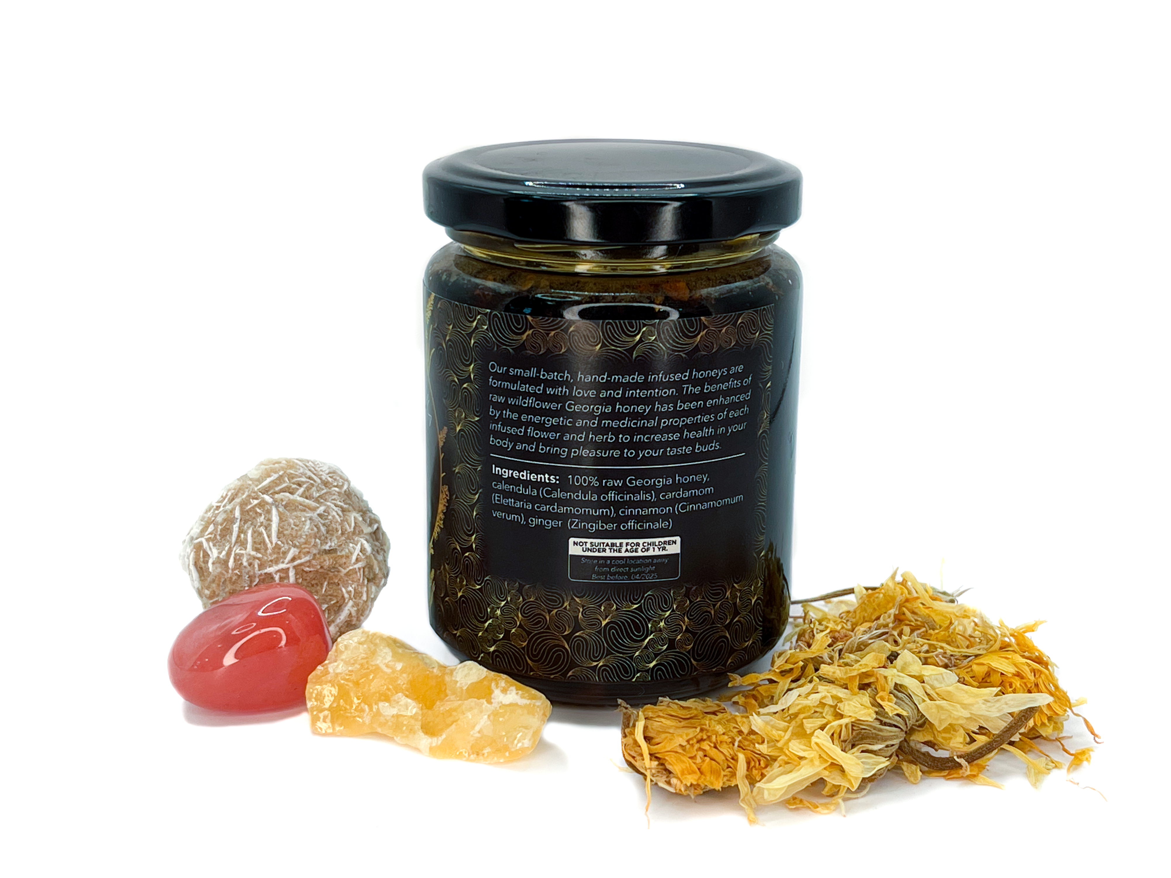 Image of Side view of 8 oz jar of Organic Calendula Spiced Honey limited edition by LaLumi Herbes