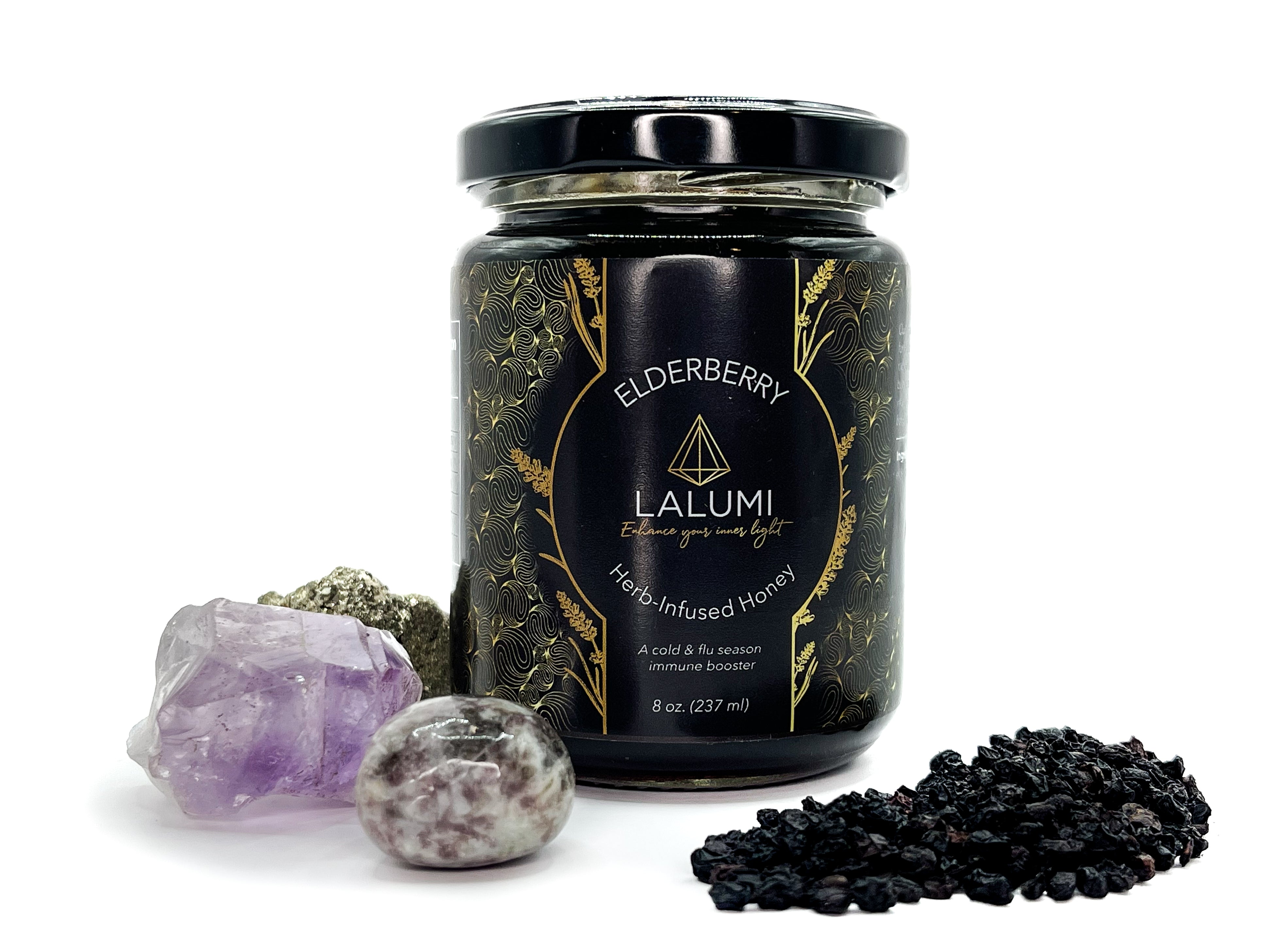 Image of 8 oz jar of Organic Elderberry Infused Local Honey by LaLumi Herbes with crystals on a white background