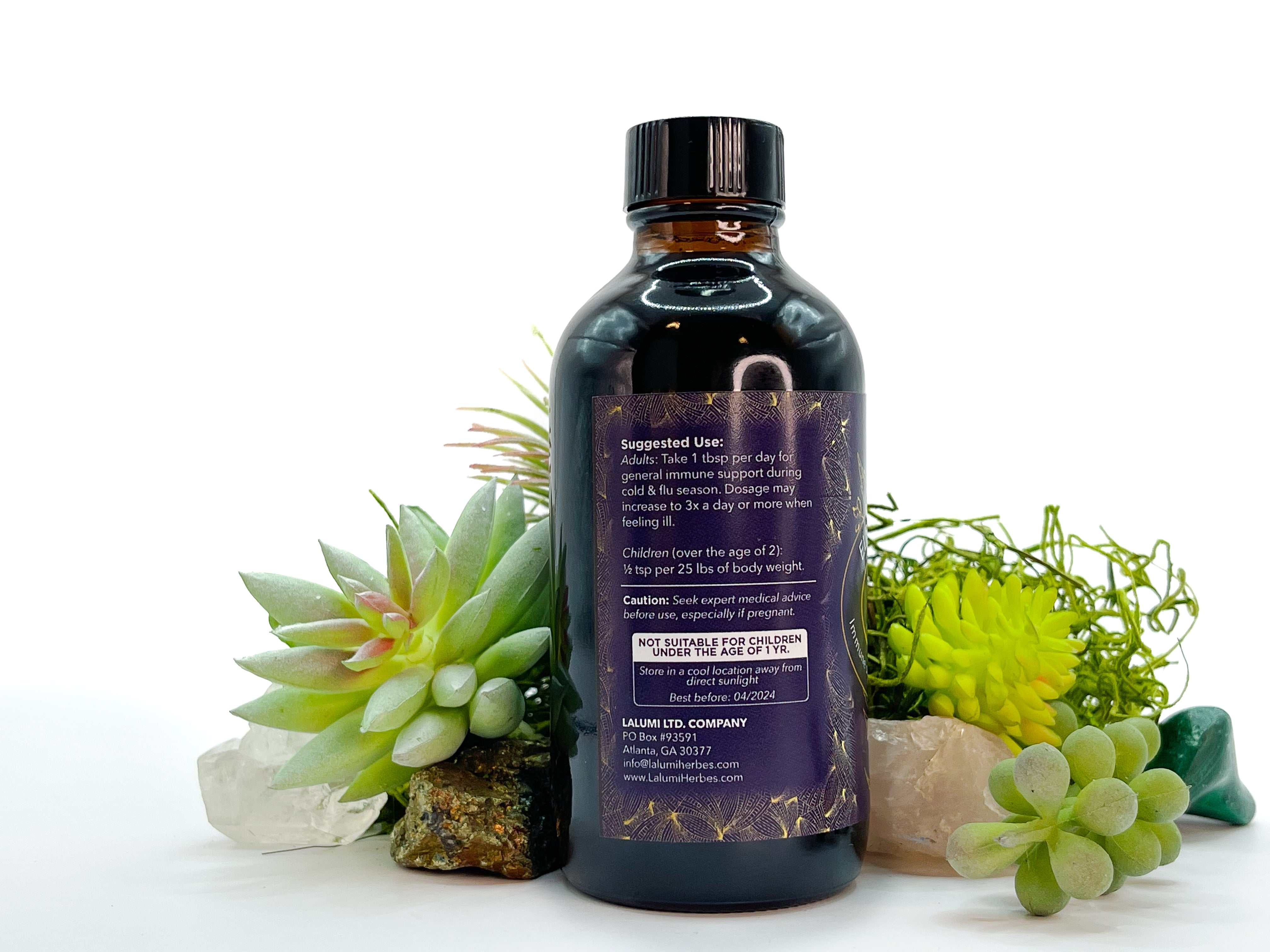 Image of 4 oz bottle of Elderberry Syrup by LaLumi Herbes, side view, on a white background with succulents