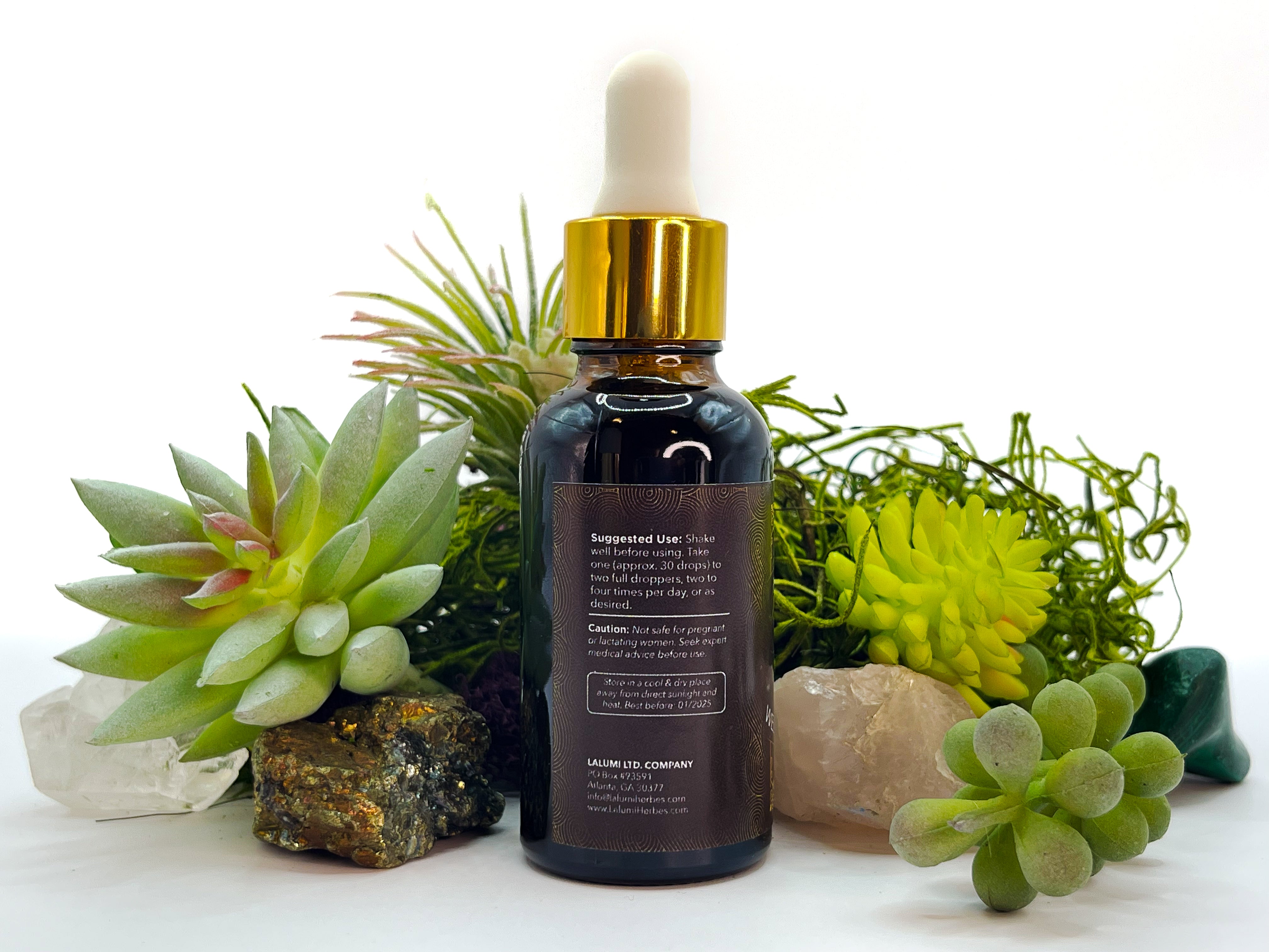 Image of 1 oz bottle of Emotional Well-Being Herbal Elixir by LaLumi Herbes with dropper surrounded by succulents and stones on a white background