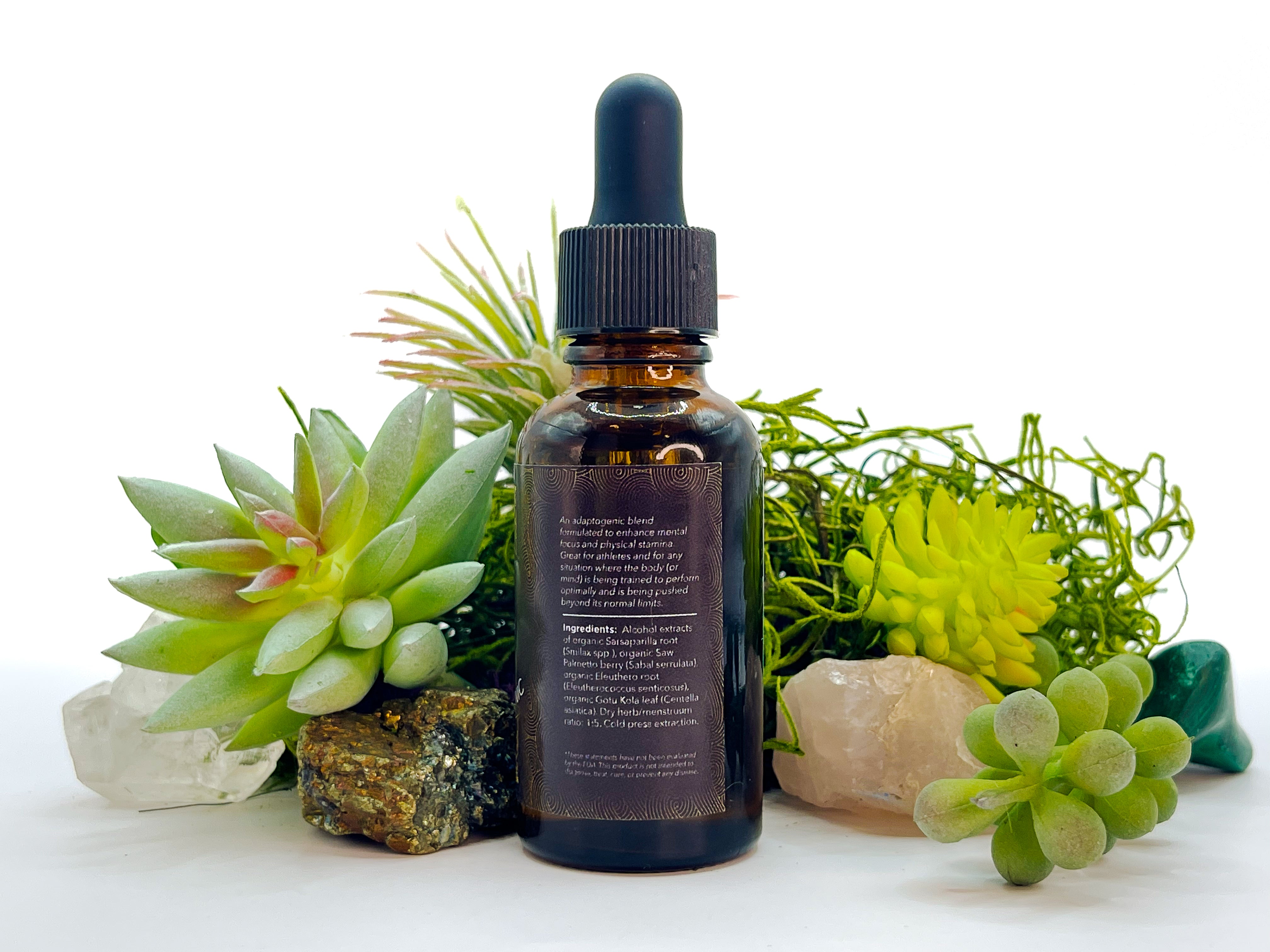 Image of 1 oz bottle of Energy-Enhancing Herbal Tonic by LaLumi Herbes with succulents and decorative stones on a white background