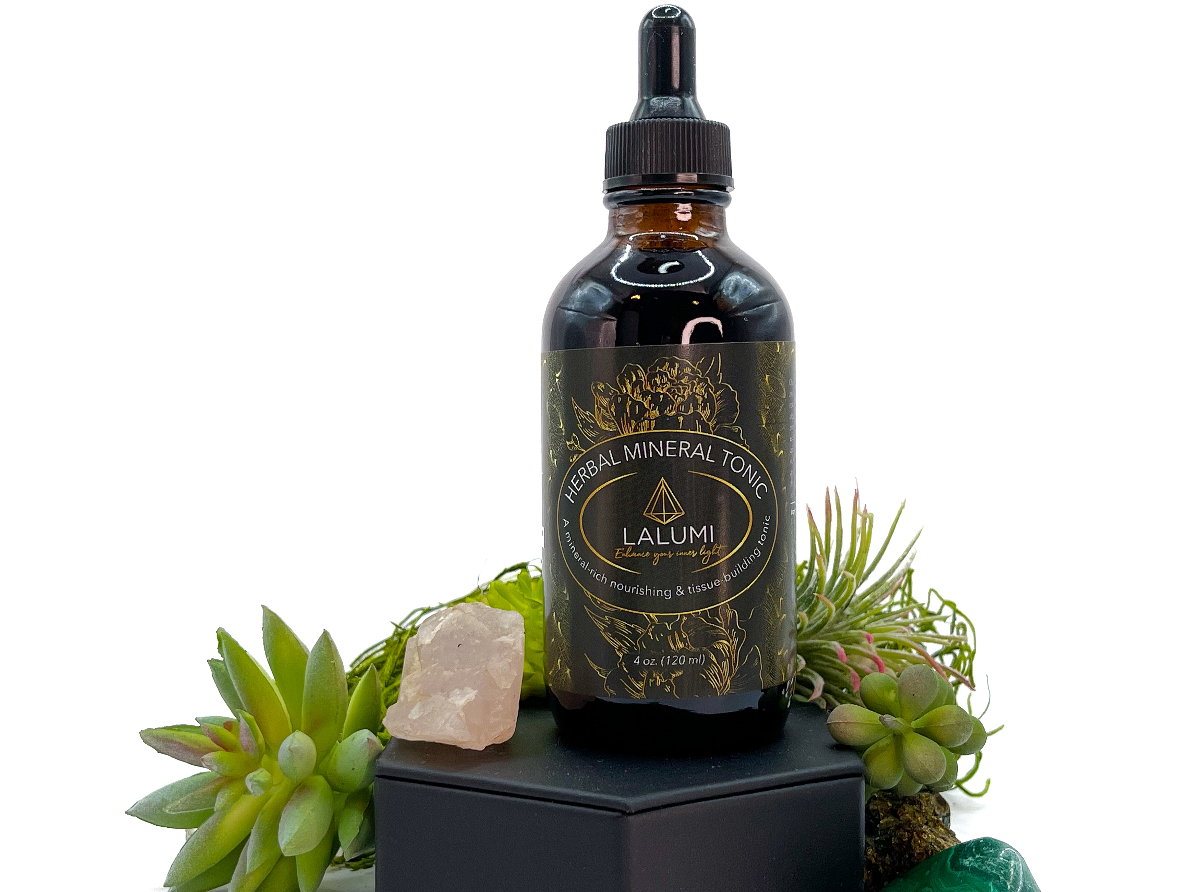 Image of 4 oz bottle of Herbal Mineral Tonic by LaLumi Herbes with succulents on a white background, elevated