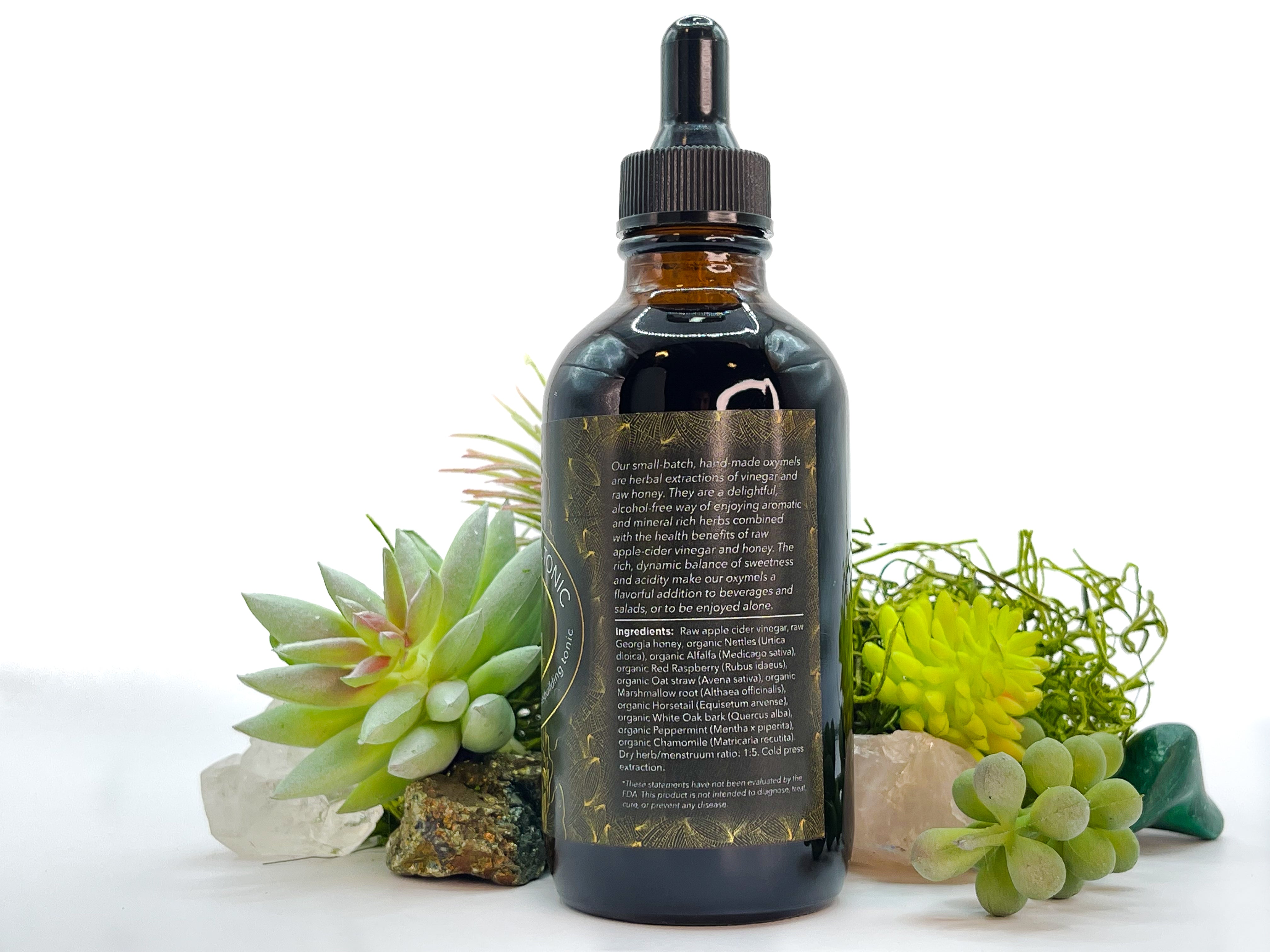 Image of 4 oz bottle of Herbal Mineral Tonic by LaLumi Herbes, side view, surrounded by succulents on a white background