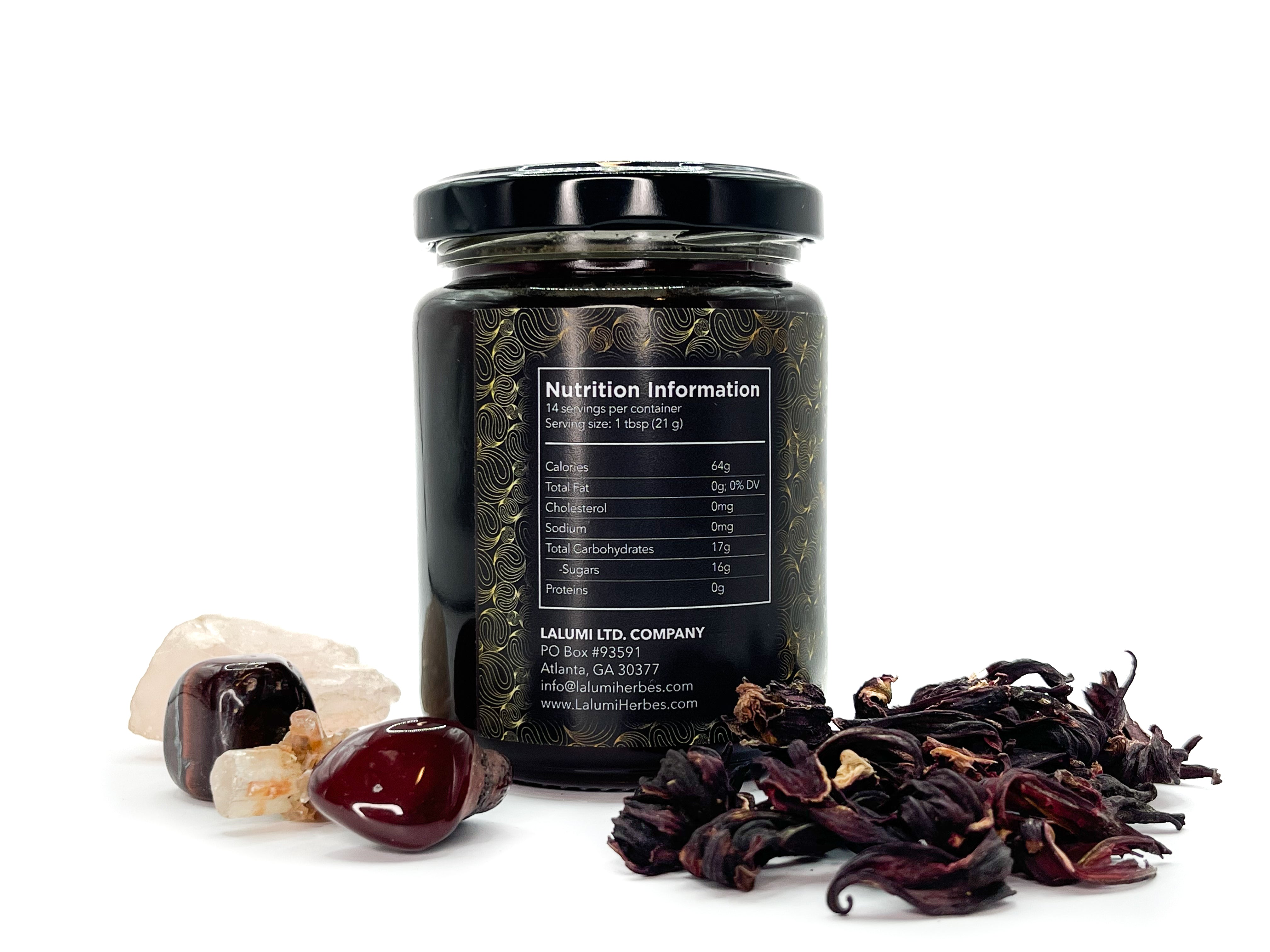 Image of 8 oz jar of Organic Hibiscus Infused Local Honey by LaLumi Herbes with dried hibiscus flowers with nutrition label on a white background
