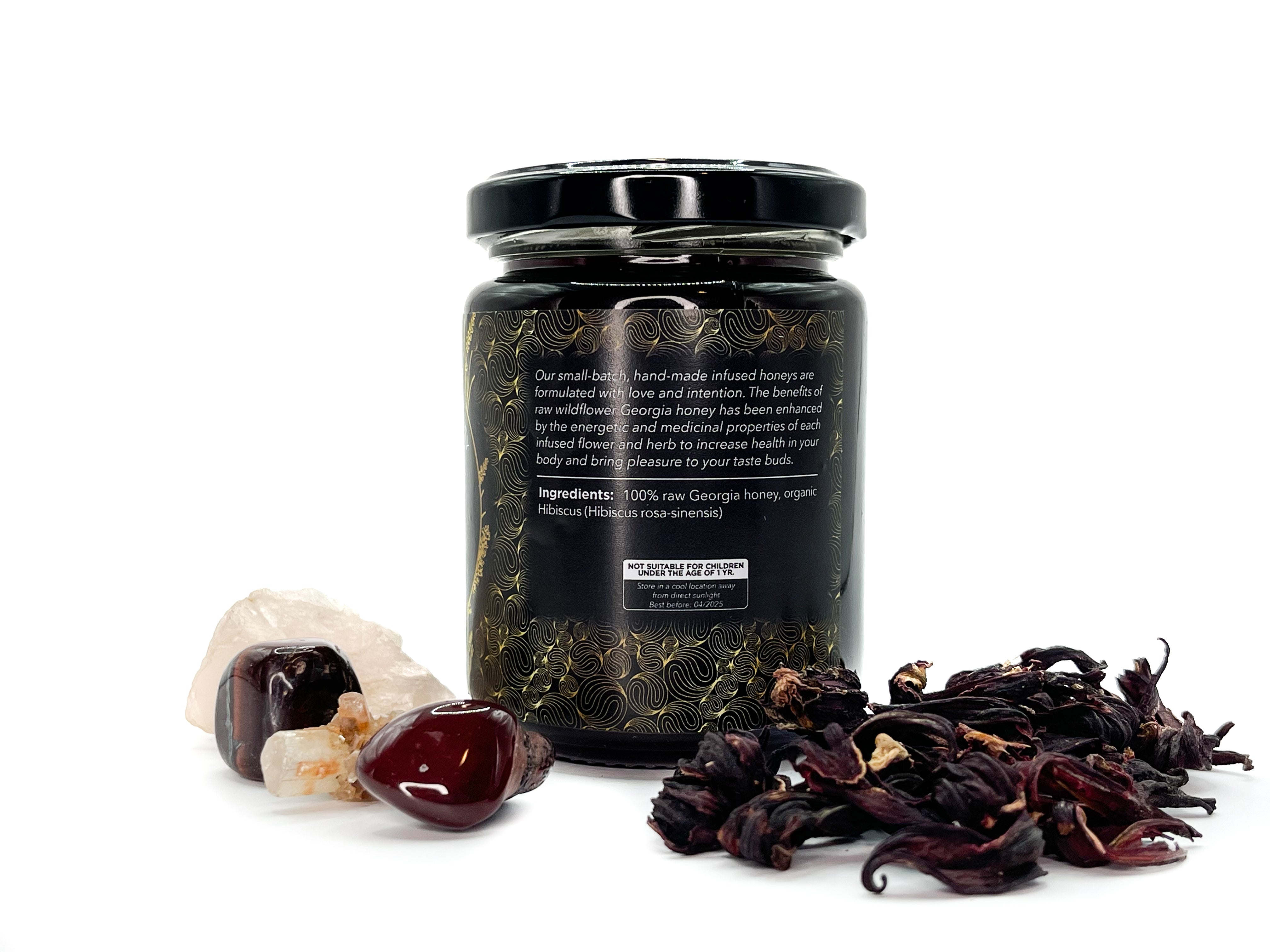 Image of 8 oz jar of Organic Hibiscus Infused Local Honey by LaLumi Herbes with dried hibiscus petals and crystals on a white background