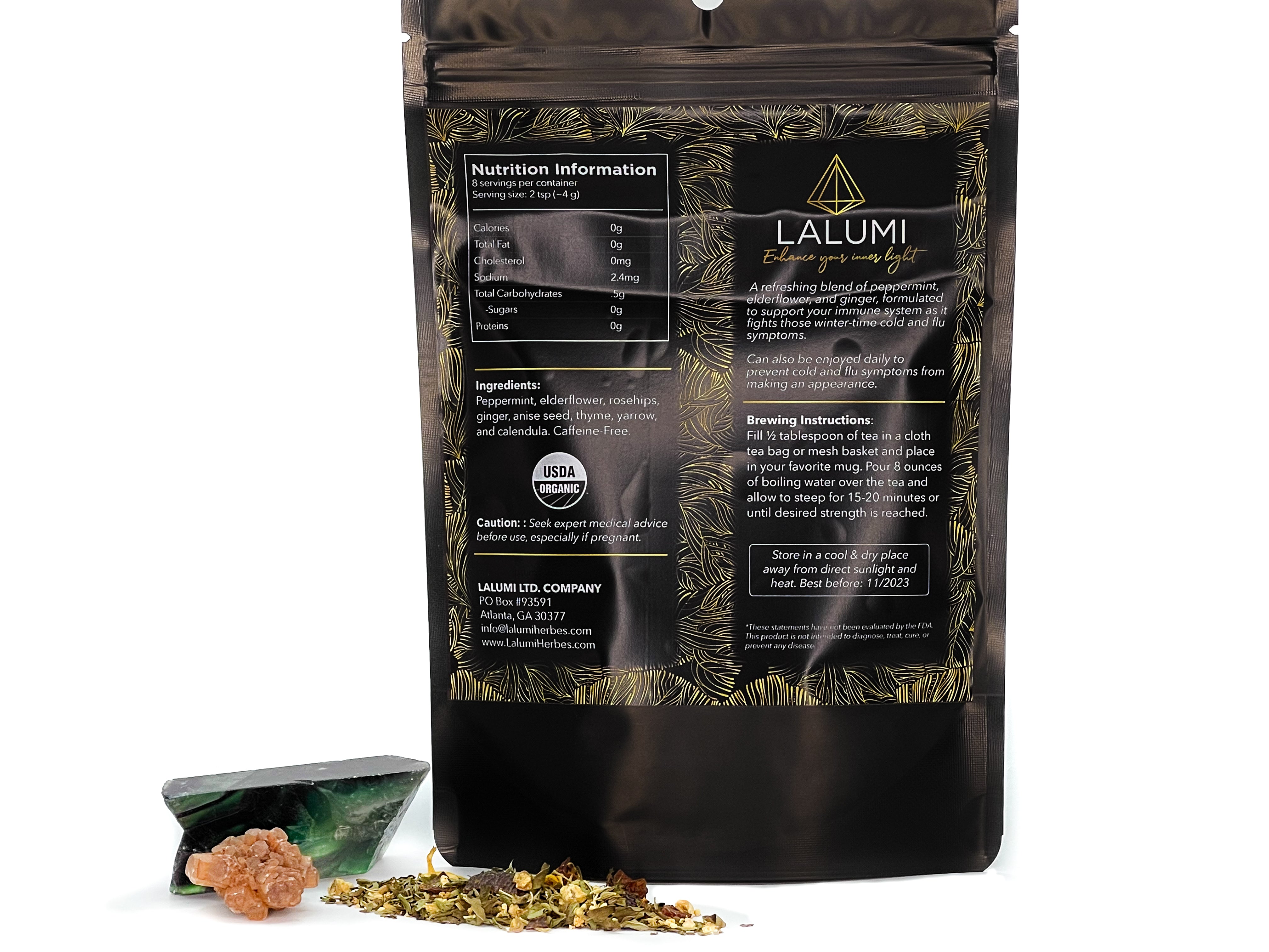 Image of Pouch of Organic Immune Booster Herbal Tea by LaLumi Herbes with nutritional information and brewing instructions on a white background