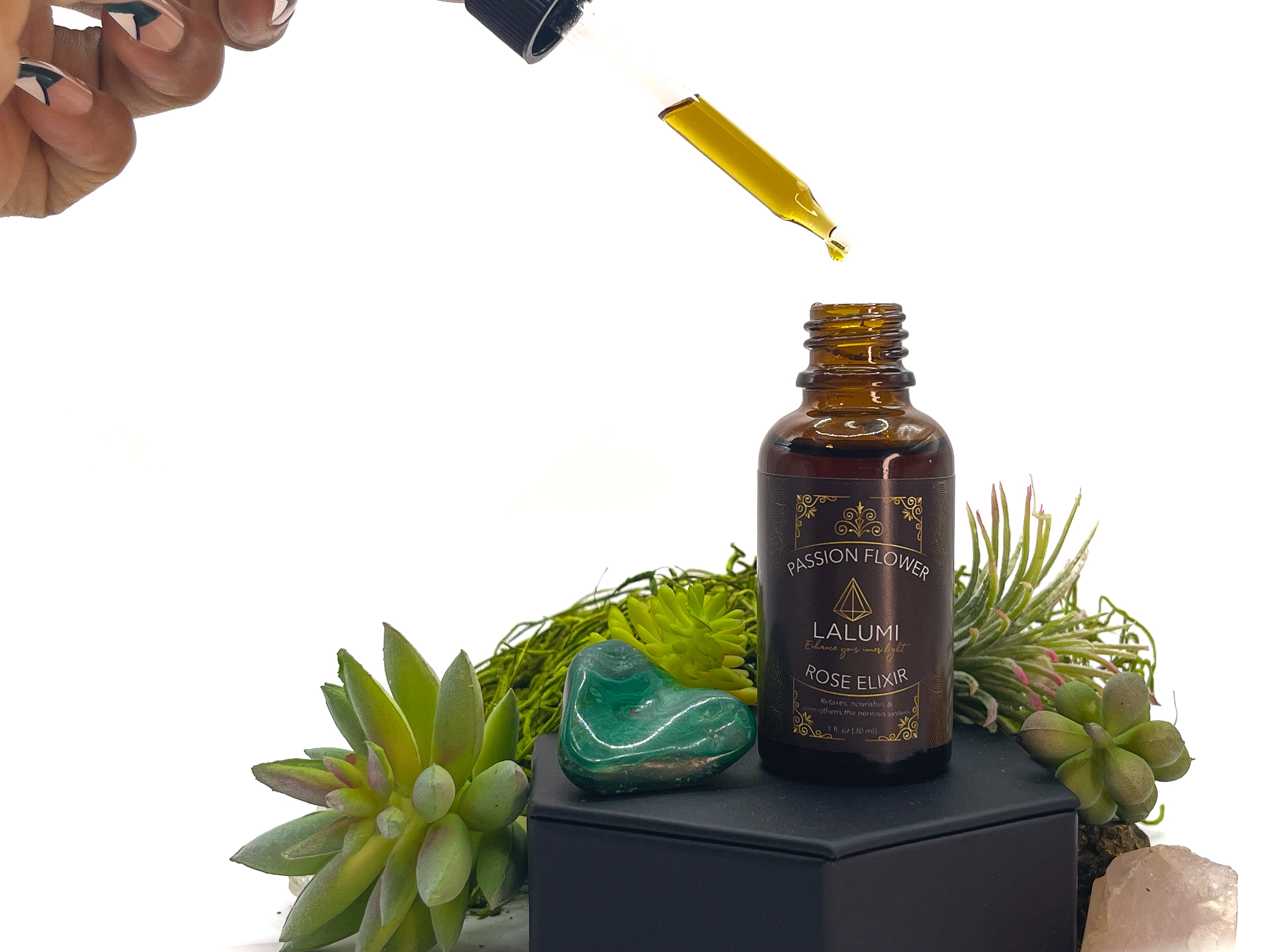 Image of 1 oz bottle of Wildcrafted Passionflower-Rose Herbal Elixir by LaLumi Herbes with a dropper and succulents on a white background