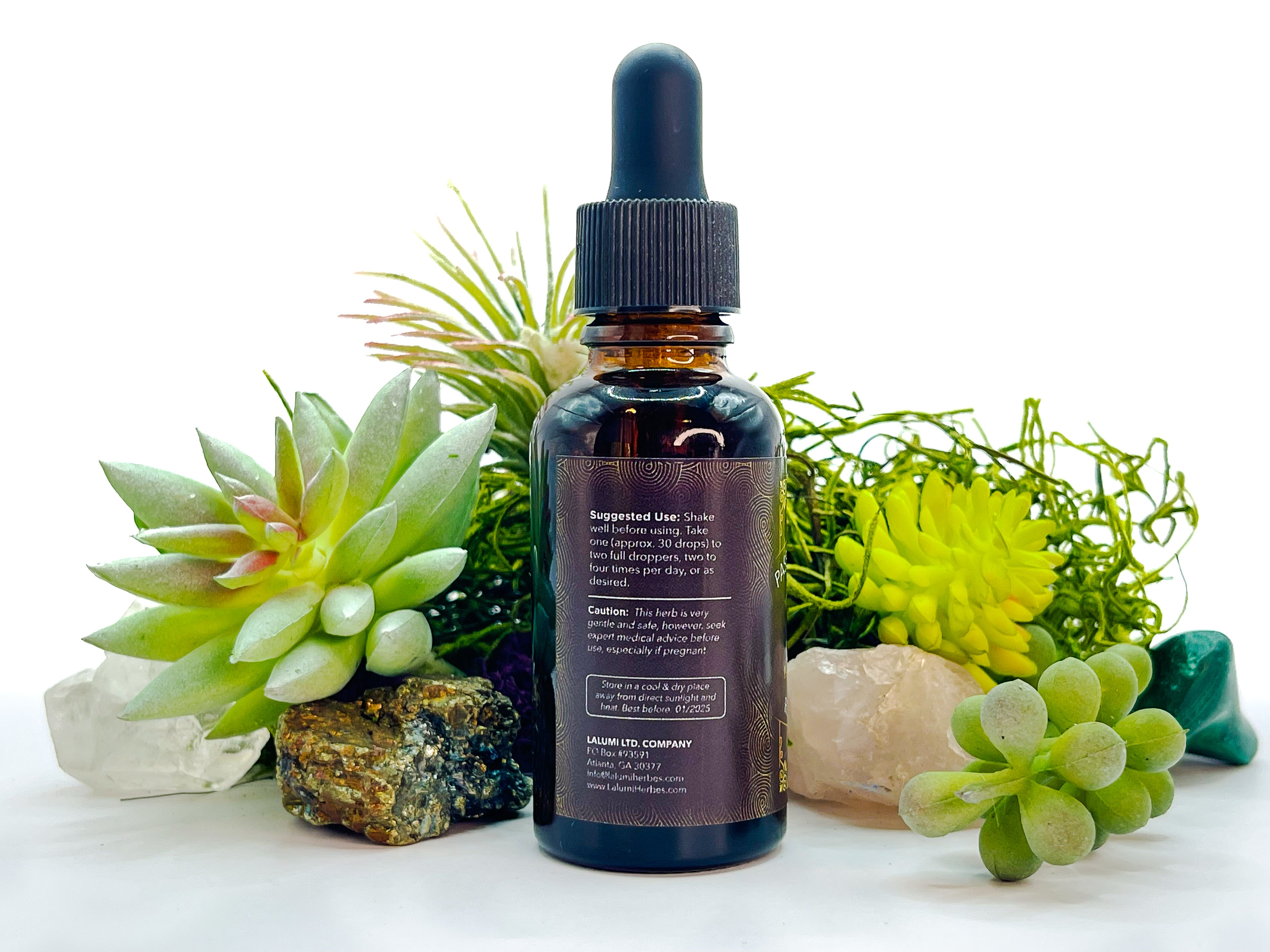 Image of 1 oz bottle of Wildcrafted Passionflower-Rose Herbal Elixir by LaLumi Herbes surrounded by succulents and decorative stones on a white background