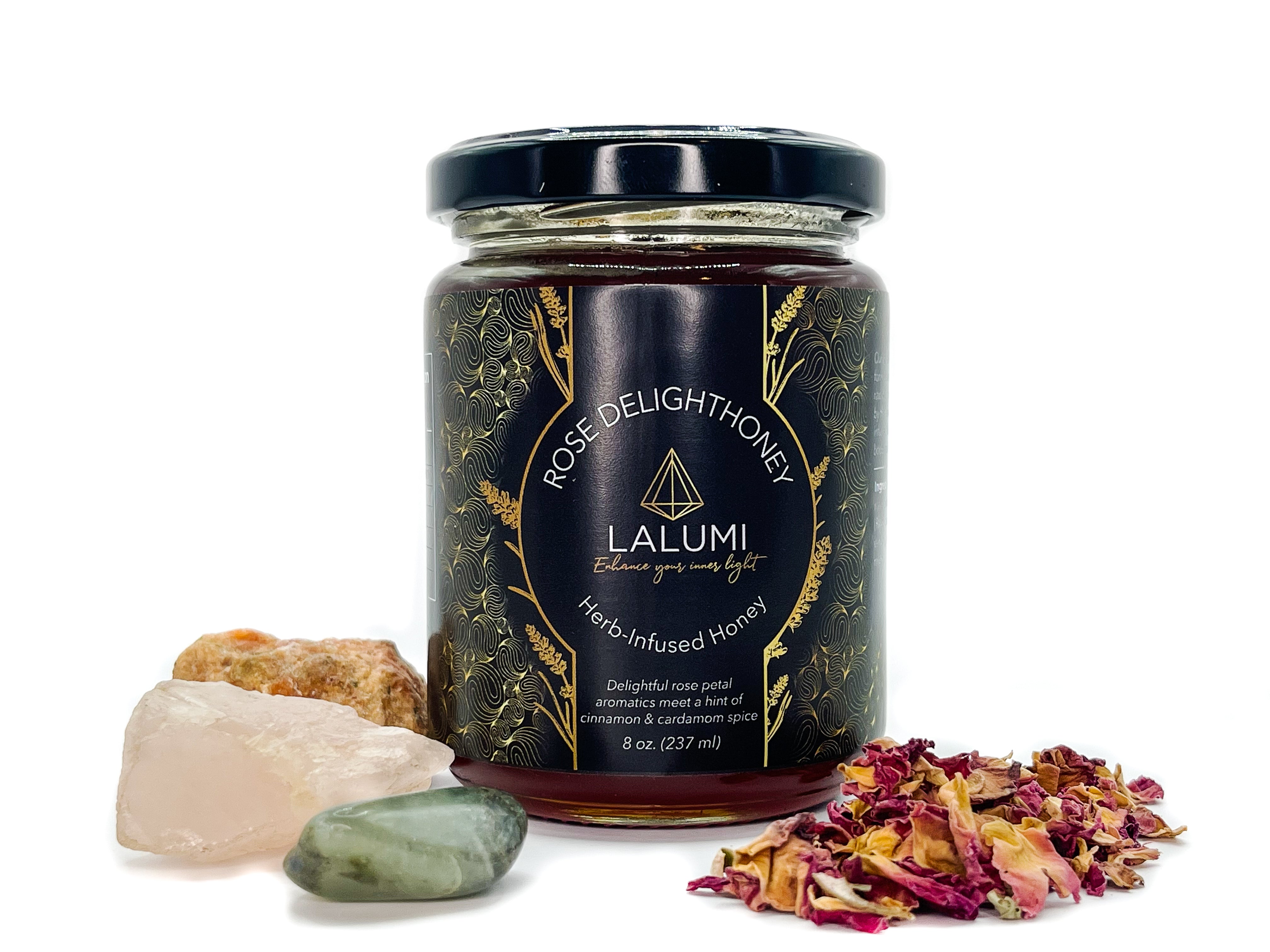 Image of 8 oz jar of Organic Rose Petal Honey with Rose Hips and Cardamom by LaLumi Herbes