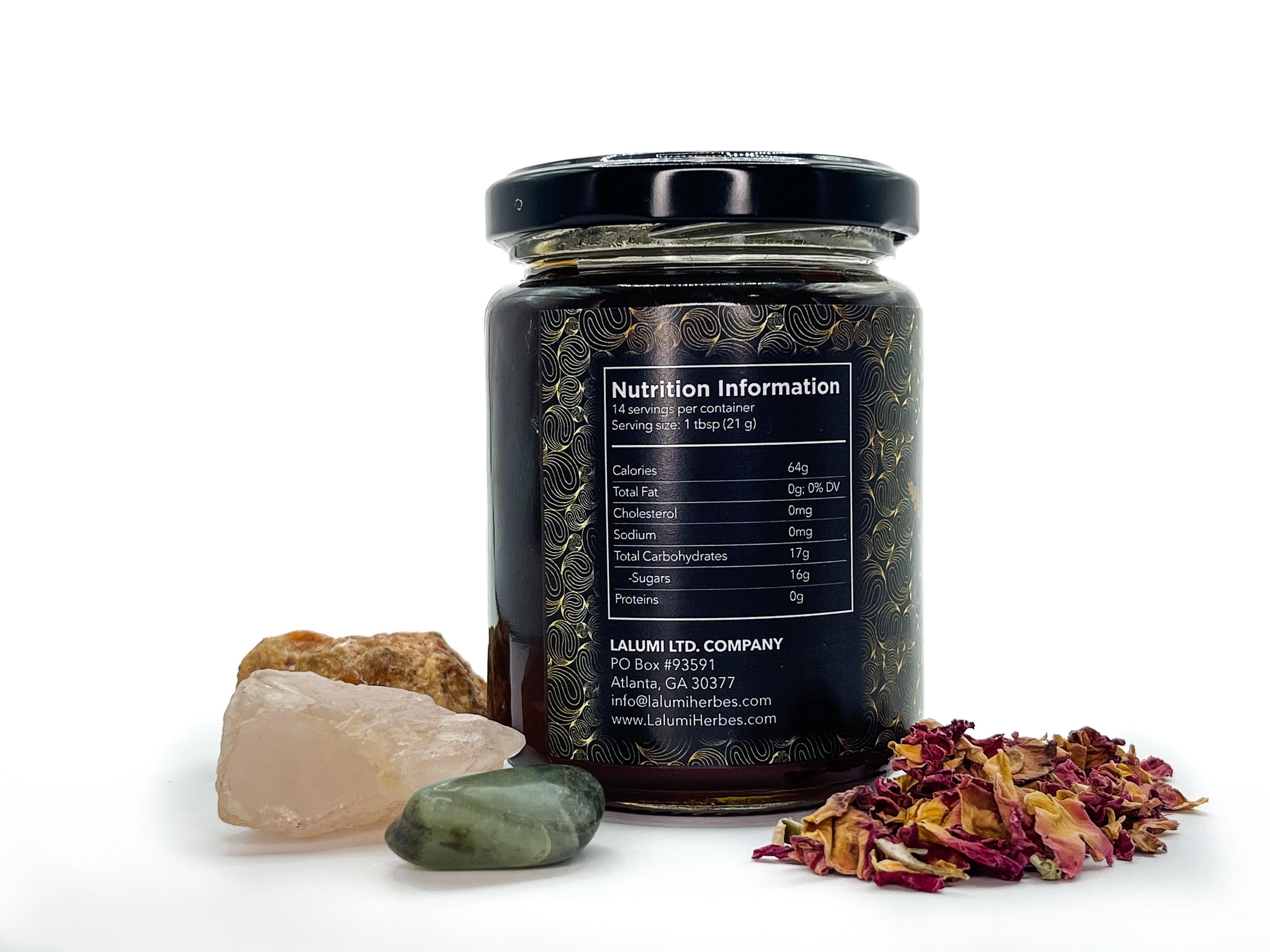 Image of Nutrition panel view of 8 oz jar of Organic Rose Petal Honey with Rose Hips and Cardamom by LaLumi Herbes