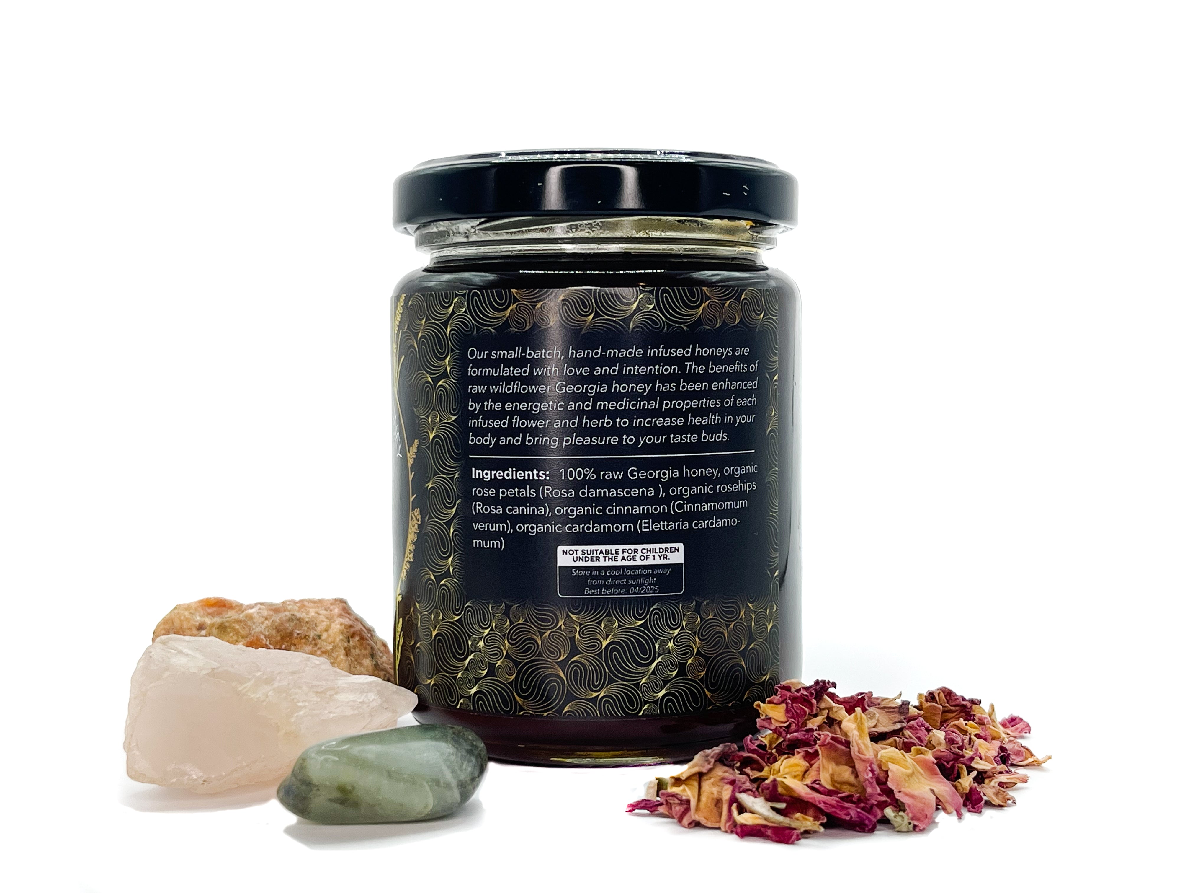 Image of Side panel view of 8 oz jar of Organic Rose Petal Honey with Rose Hips and Cardamom by LaLumi Herbes