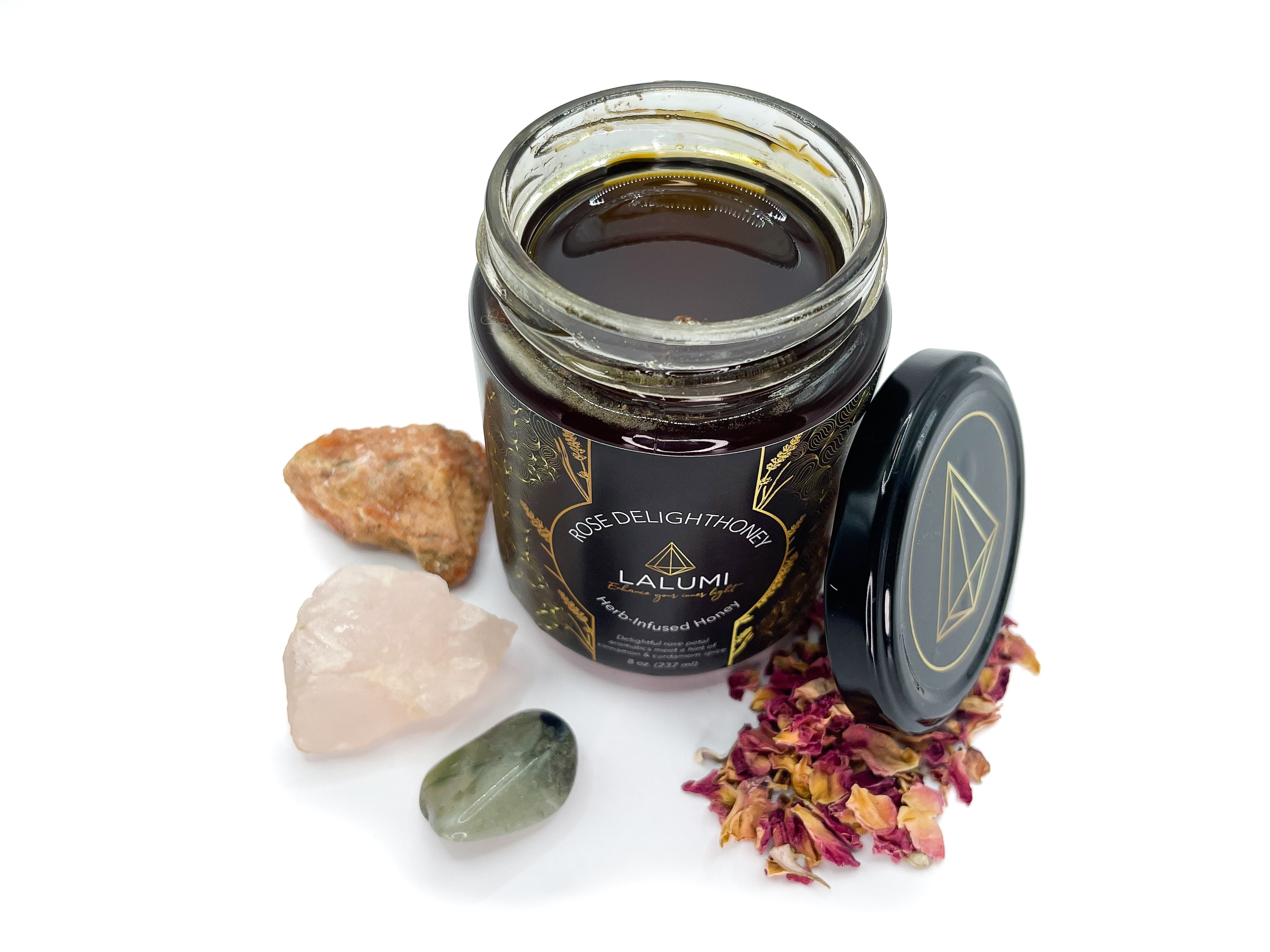 Image of Top view of 8 oz jar of Organic Rose Petal Honey with Rose Hips and Cardamom by LaLumi Herbes